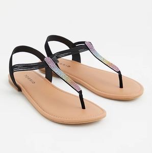 10.5 rainbow T strap sandals stretch wide width Torrid
